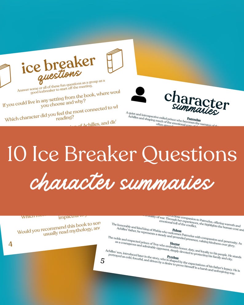 May include: White cards with the text "ice breaker questions" and "character summaries" are displayed. The cards include questions and character descriptions. The background is a gradient of orange and blue.