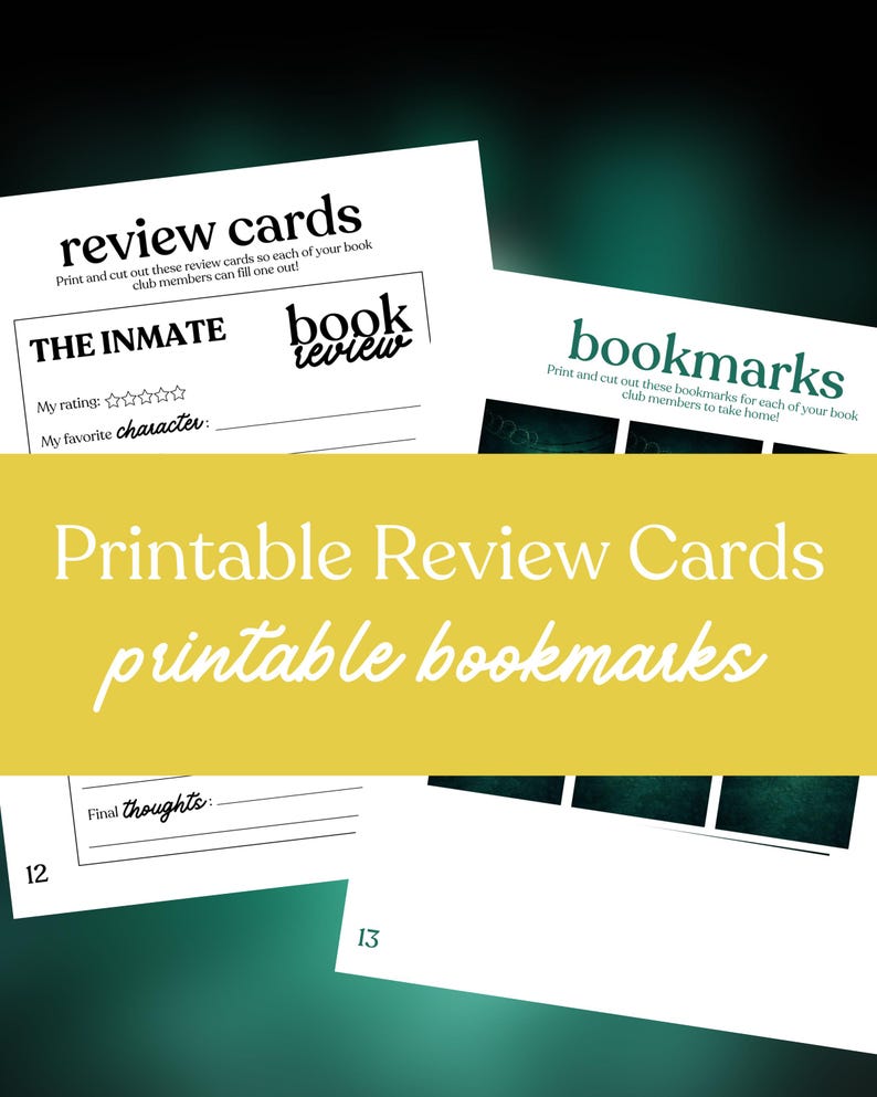 May include: White printable review cards and bookmarks. The review cards have prompts for rating and favorite character. The bookmarks are designed for book club members. The text "Printable Review Cards printable bookmarks" is in the image.