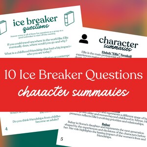 May include: A collection of cards with the text "ice breaker questions" and "character summaries." The cards are white with black text and a red banner across the center that reads "10 Ice Breaker Questions character summaries."