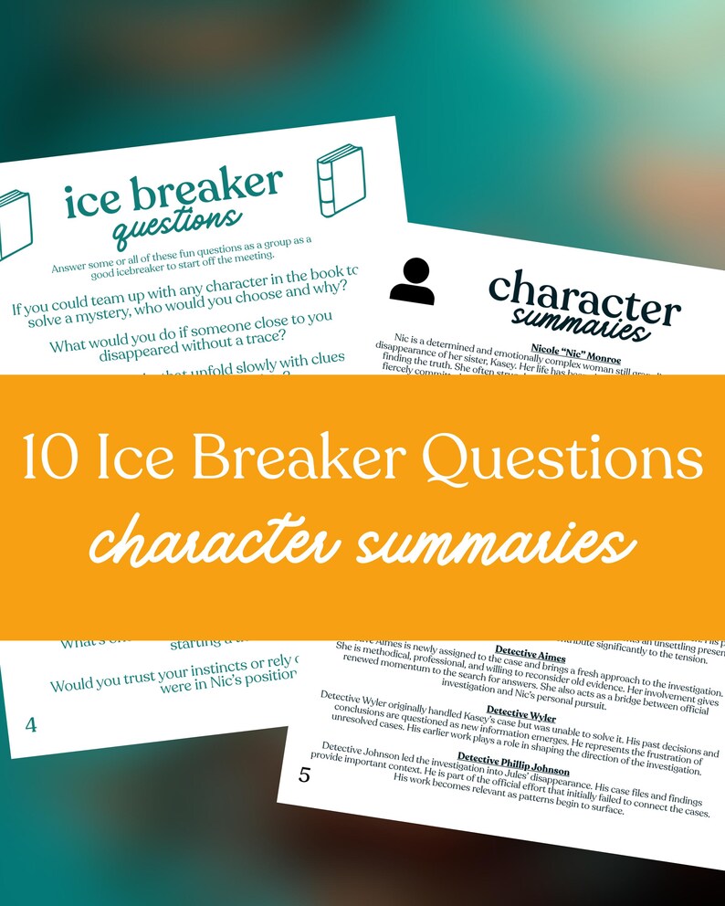 May include: A collection of printed materials with the text "ice breaker questions" and "character summaries." The design features a teal background with orange accents. The text includes questions and character descriptions, suitable for group activities or educational purposes.