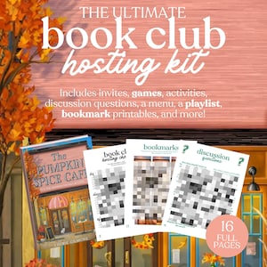 Può includere: Un kit per l'organizzazione di un book club con il testo "THE ULTIMATE book club hosting kit". Include inviti, giochi, attività, domande di discussione, un menu, una playlist e segnalibri stampabili. Il kit è un download immediato.