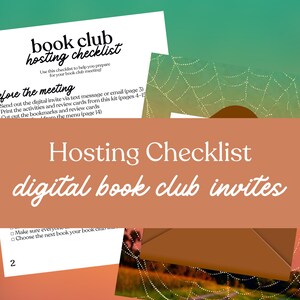 Puede incluir: Una lista de verificaci&oacute;n digital para organizar un club de lectura con el texto "book club hosting checklist". La lista incluye pasos para preparar una reuni&oacute;n del club de lectura. El fondo es un degradado de verde y naranja.