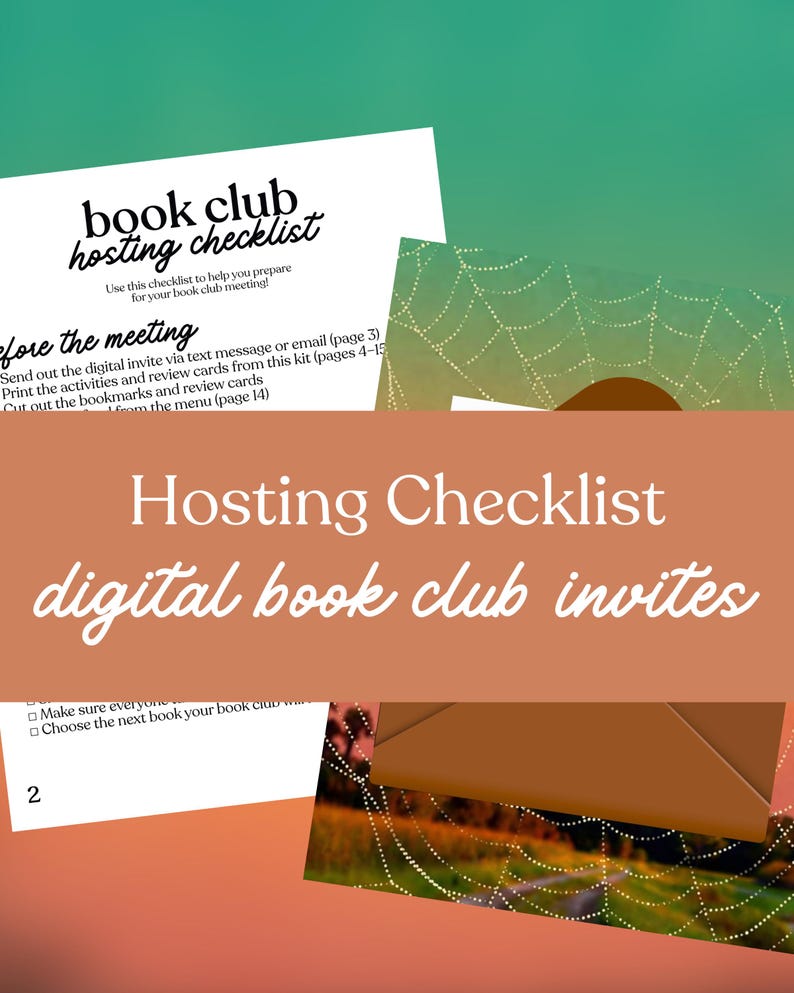 Puede incluir: Una lista de verificaci&oacute;n digital para organizar un club de lectura con el texto "book club hosting checklist". La lista incluye pasos para preparar una reuni&oacute;n del club de lectura. El fondo es un degradado de verde y naranja.