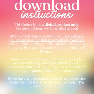 Op de afbeelding: Een grafische weergave van downloadinstructies voor digitale producten met een gradi&euml;ntachtergrond van roze, geel en wit. De tekst legt uit dat de aanbieding alleen voor een digitaal product is en hoe je na aankoop toegang krijgt tot de bestanden. Het bedankt ook de klant.