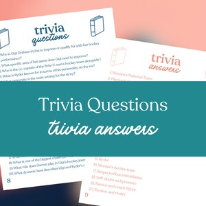May include: White cards with the words "trivia questions" and "trivia answers" in a handwritten style font. The cards contain trivia questions and answers about hockey. The background is a gradient of pink and teal.