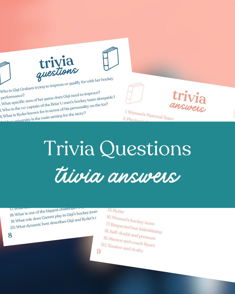 May include: White cards with the words "trivia questions" and "trivia answers" in a handwritten style font. The cards contain trivia questions and answers about hockey. The background is a gradient of pink and teal.