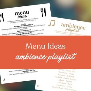 Puede incluir: Tarjetas con ideas de men&uacute; y una lista de reproducci&oacute;n de ambiente. La tarjeta del men&uacute; incluye sugerencias de snacks como Seafoam Shortbread Bites y palomitas de ma&iacute;z saladas. La tarjeta de la lista de reproducci&oacute;n presenta canciones como "Work Song" de Hozier.