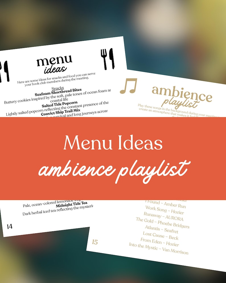 Puede incluir: Tarjetas con ideas de men&uacute; y una lista de reproducci&oacute;n de ambiente. La tarjeta del men&uacute; incluye sugerencias de snacks como Seafoam Shortbread Bites y palomitas de ma&iacute;z saladas. La tarjeta de la lista de reproducci&oacute;n presenta canciones como "Work Song" de Hozier.