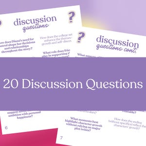 May include: A stack of white cards with purple text that reads "discussion questions" and "20 Discussion Questions." Each card features a question mark icon and discussion prompts about a story's themes and character growth.