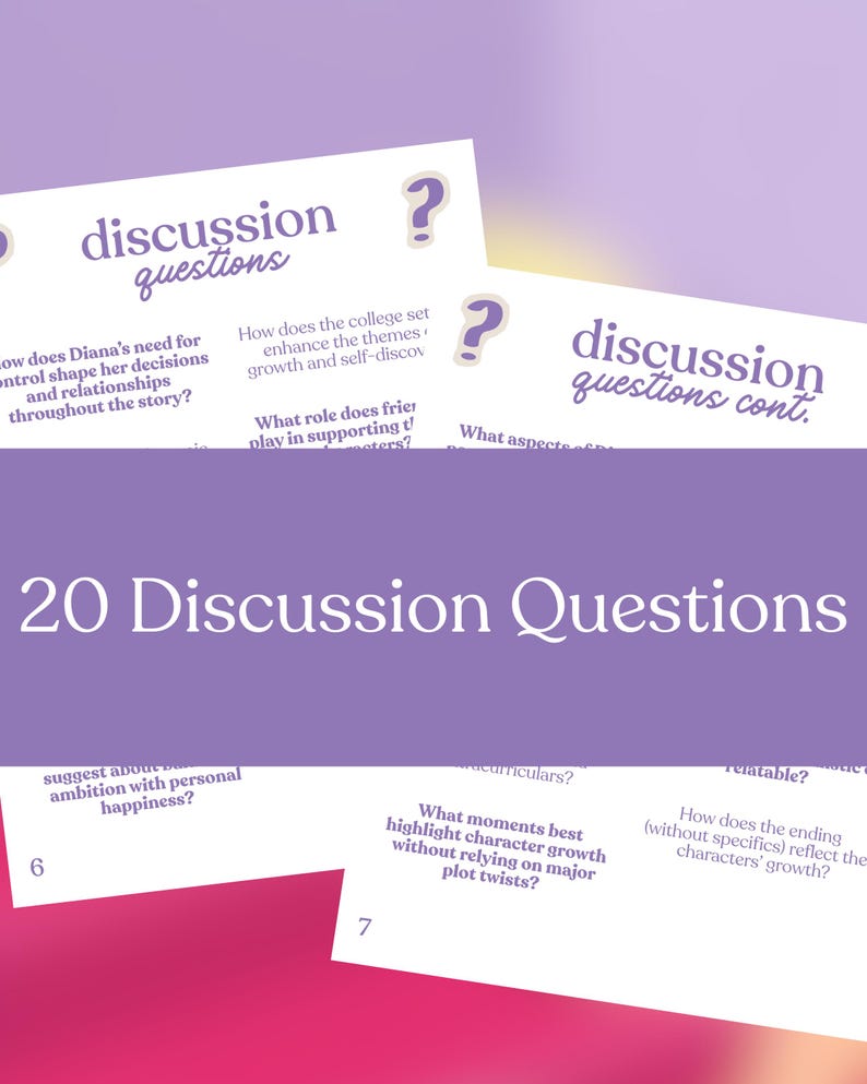 May include: A stack of white cards with purple text that reads "discussion questions" and "20 Discussion Questions." Each card features a question mark icon and discussion prompts about a story's themes and character growth.