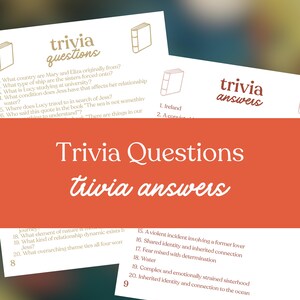 Puede incluir: Tarjetas blancas con preguntas y respuestas de trivia. Las tarjetas tienen las palabras "preguntas de trivia" y "respuestas de trivia" en una fuente de estilo manuscrito. Las preguntas y respuestas est&aacute;n numeradas e incluyen temas como literatura y relaciones.