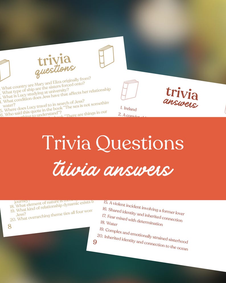 Puede incluir: Tarjetas blancas con preguntas y respuestas de trivia. Las tarjetas tienen las palabras "preguntas de trivia" y "respuestas de trivia" en una fuente de estilo manuscrito. Las preguntas y respuestas est&aacute;n numeradas e incluyen temas como literatura y relaciones.