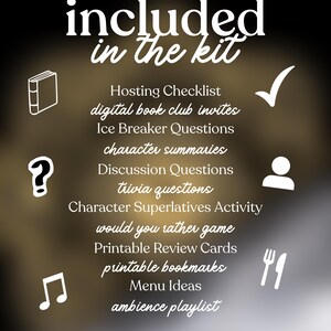 Puede incluir: Imagen promocional con el texto "incluido en el kit" y una lista de elementos para un club de lectura, incluyendo listas de verificaci&oacute;n, invitaciones, preguntas e ideas de men&uacute;. La imagen tiene un fondo oscuro con texto e iconos blancos.