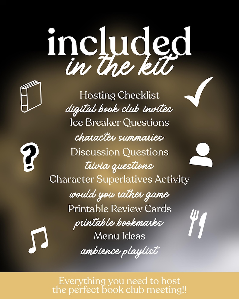 Puede incluir: Imagen promocional con el texto "incluido en el kit" y una lista de elementos para un club de lectura, incluyendo listas de verificaci&oacute;n, invitaciones, preguntas e ideas de men&uacute;. La imagen tiene un fondo oscuro con texto e iconos blancos.