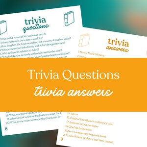 May include: White cards with trivia questions and answers are displayed against a teal and orange background. The cards feature the text "trivia questions" and "trivia answers" in a handwritten style font. The questions and answers are numbered.