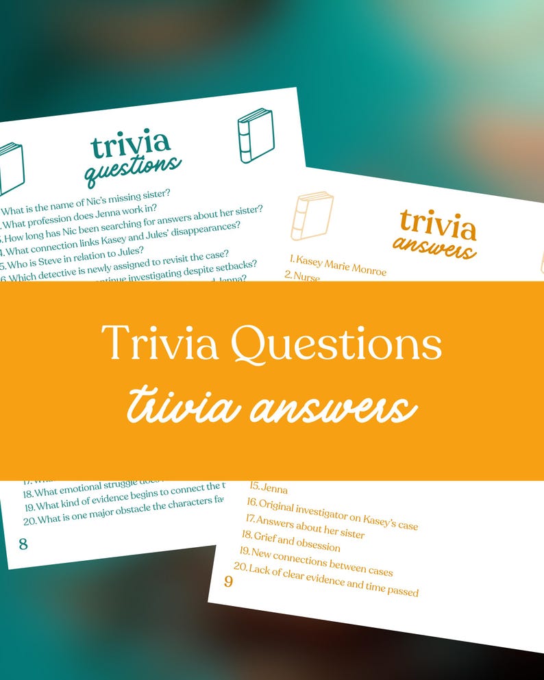 May include: White cards with trivia questions and answers are displayed against a teal and orange background. The cards feature the text "trivia questions" and "trivia answers" in a handwritten style font. The questions and answers are numbered.