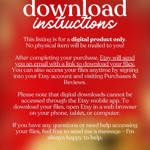 Op de afbeelding: Een rode achtergrond met witte tekst die luidt "download instructies". De tekst legt uit dat de aanbieding alleen voor een digitaal product is en geeft instructies over het downloaden van de bestanden na aankoop.