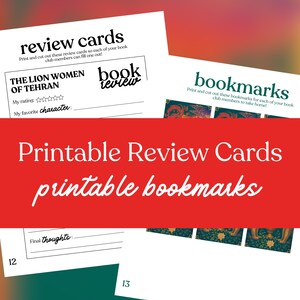 May include: Printable review cards and bookmarks. The image shows white paper with black and green text. The review cards have prompts for book ratings and favorite characters. The bookmarks have a decorative design.