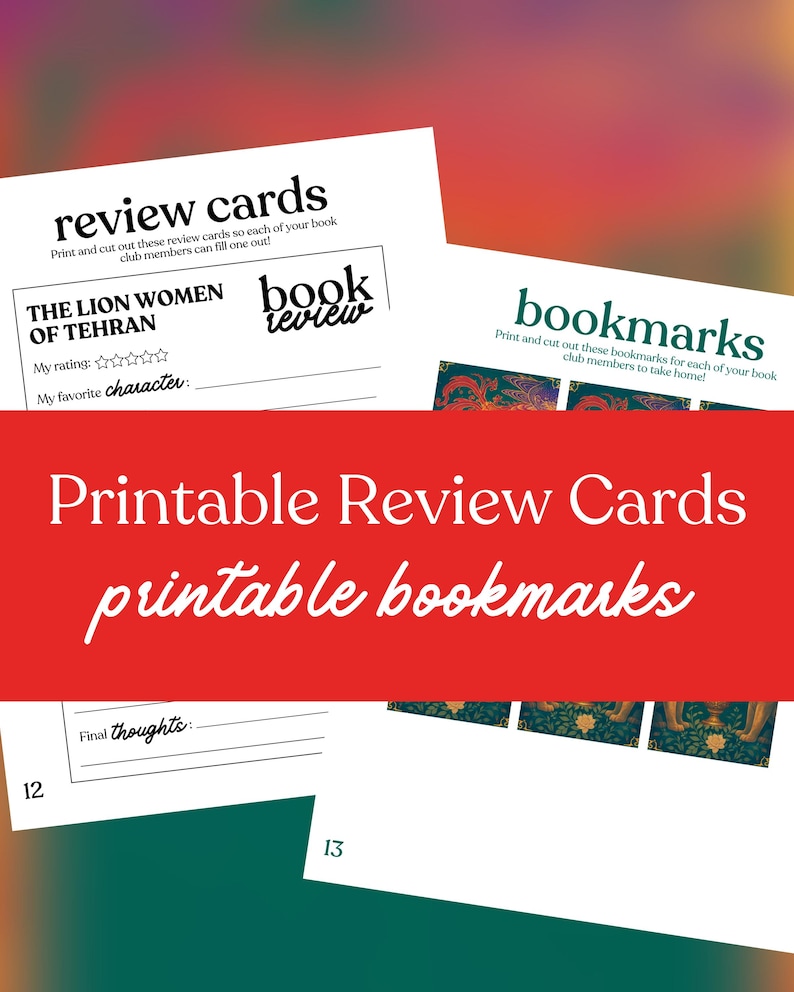 May include: Printable review cards and bookmarks. The image shows white paper with black and green text. The review cards have prompts for book ratings and favorite characters. The bookmarks have a decorative design.