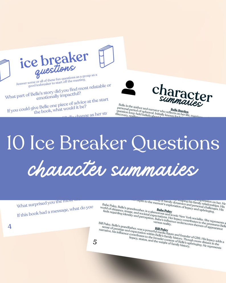 May include: A white card with the text "ice breaker questions" and "character summaries" in a blue background. The card includes questions and summaries of characters from a book. The text is in black.
