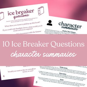 May include: A collection of printed cards with the text "ice breaker questions" and "character summaries." The cards are white with black text and a pink background. The image includes a book icon and a person icon.