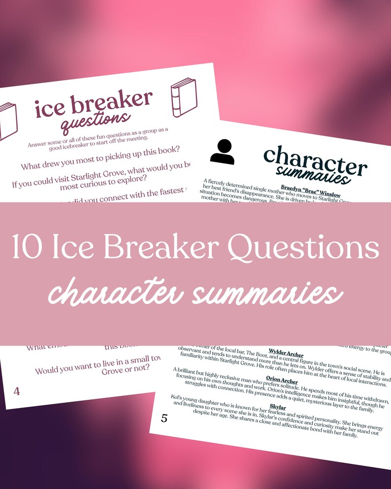 May include: A collection of printed cards with the text "ice breaker questions" and "character summaries." The cards are white with black text and a pink background. The image includes a book icon and a person icon.