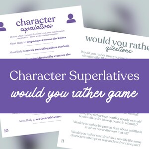 May include: White paper game cards with the text "Character Superlatives would you rather game" in a purple banner. The cards have questions and fill-in-the-blank prompts. The game is designed to be played with friends and family.