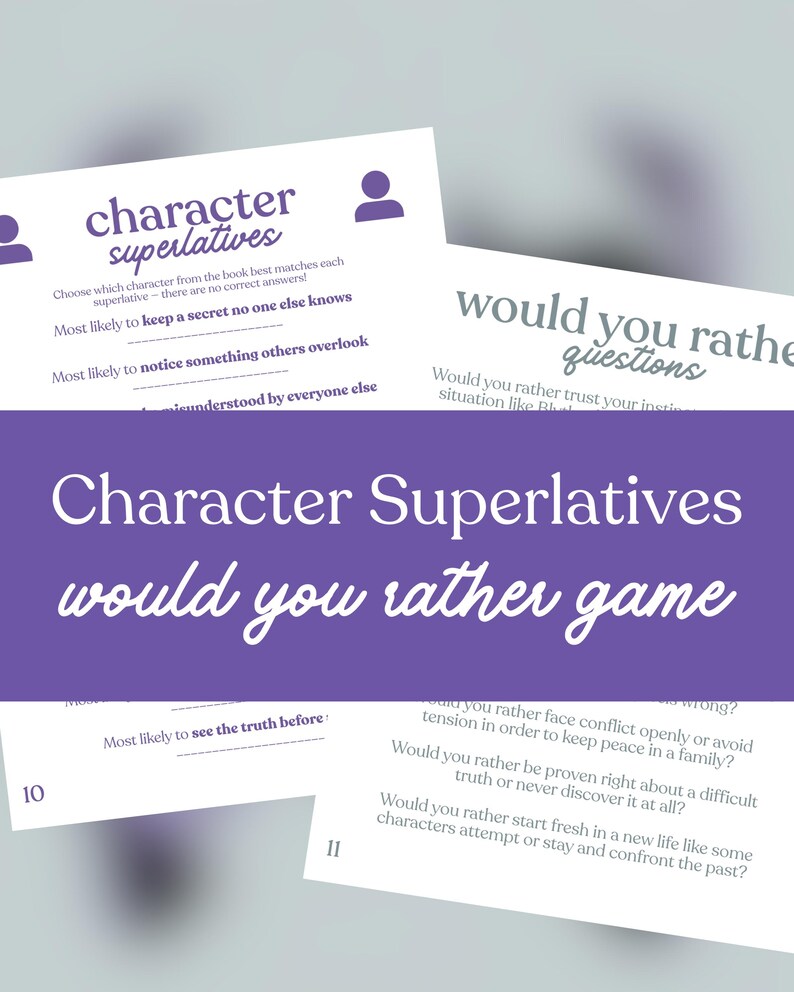 May include: White paper game cards with the text "Character Superlatives would you rather game" in a purple banner. The cards have questions and fill-in-the-blank prompts. The game is designed to be played with friends and family.