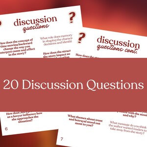 May include: A stack of white cards with discussion questions printed in maroon and black. The cards have a red and orange gradient background. The text "20 Discussion Questions" is prominently displayed.