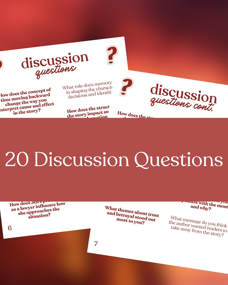 May include: A stack of white cards with discussion questions printed in maroon and black. The cards have a red and orange gradient background. The text "20 Discussion Questions" is prominently displayed.