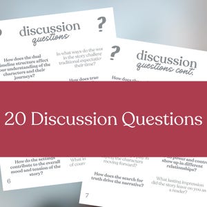 May include: A stack of white cards with discussion questions printed in gray. The cards have a red border at the bottom with the text "20 Discussion Questions". The questions are designed to prompt thought and conversation.