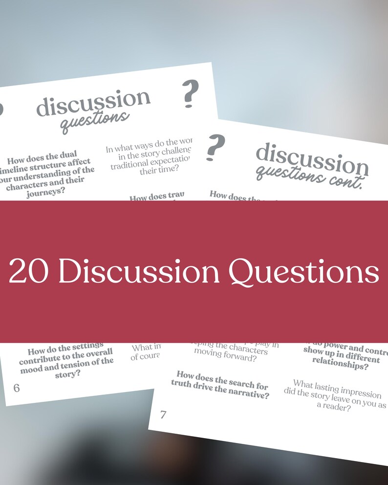 May include: A stack of white cards with discussion questions printed in gray. The cards have a red border at the bottom with the text "20 Discussion Questions". The questions are designed to prompt thought and conversation.