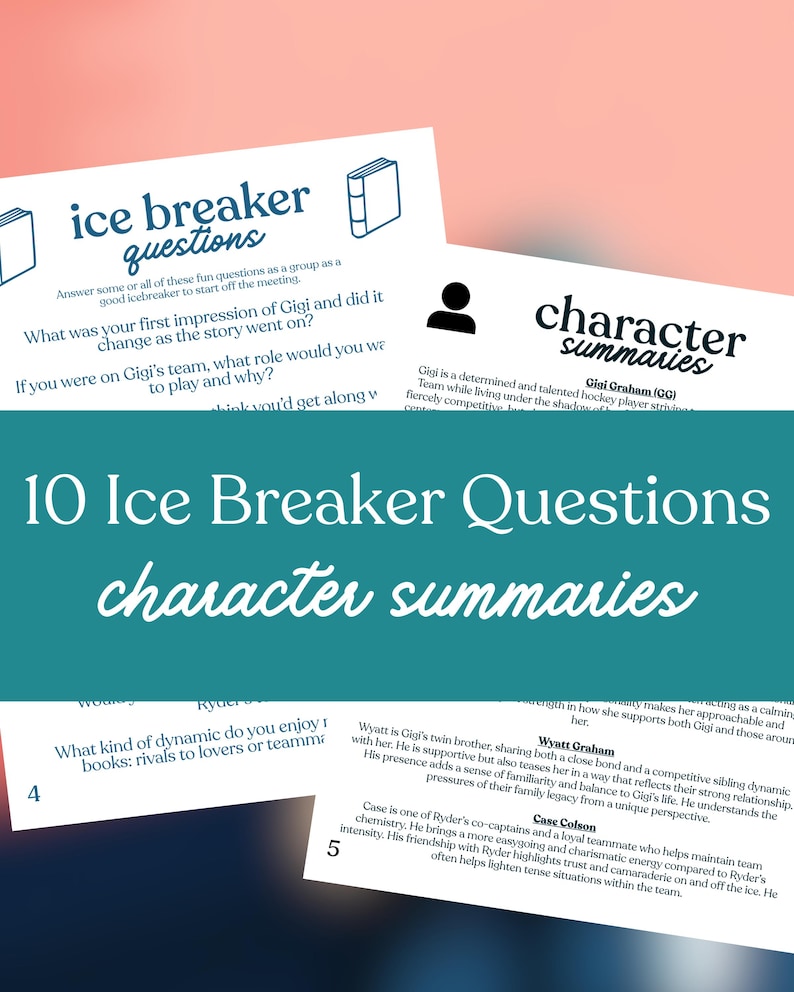 May include: A teal-colored graphic with the text "10 Ice Breaker Questions" and "character summaries." The image includes white cards with text, including questions and character descriptions, ideal for team building or book club discussions.