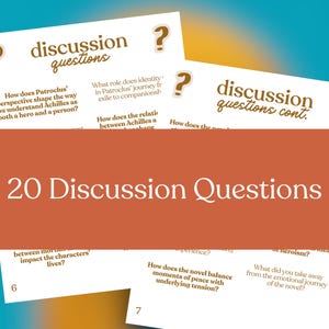 May include: A stack of white cards with brown text, featuring discussion questions. The cards are arranged on a brown and blue background. The text on the cards includes the title "20 Discussion Questions."