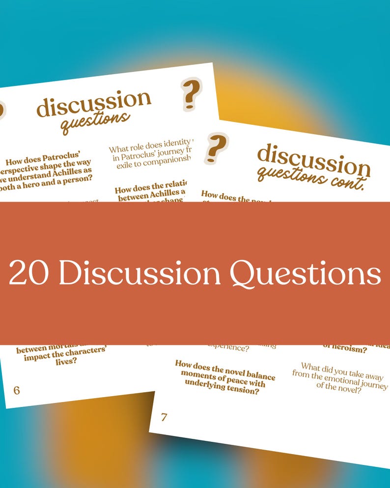 May include: A stack of white cards with brown text, featuring discussion questions. The cards are arranged on a brown and blue background. The text on the cards includes the title "20 Discussion Questions."
