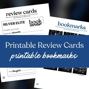 May include: White printable review cards and bookmarks with text. The review cards have sections for rating and favorite character. The bookmarks have a starry design. The text says "Printable Review Cards printable bookmarks."