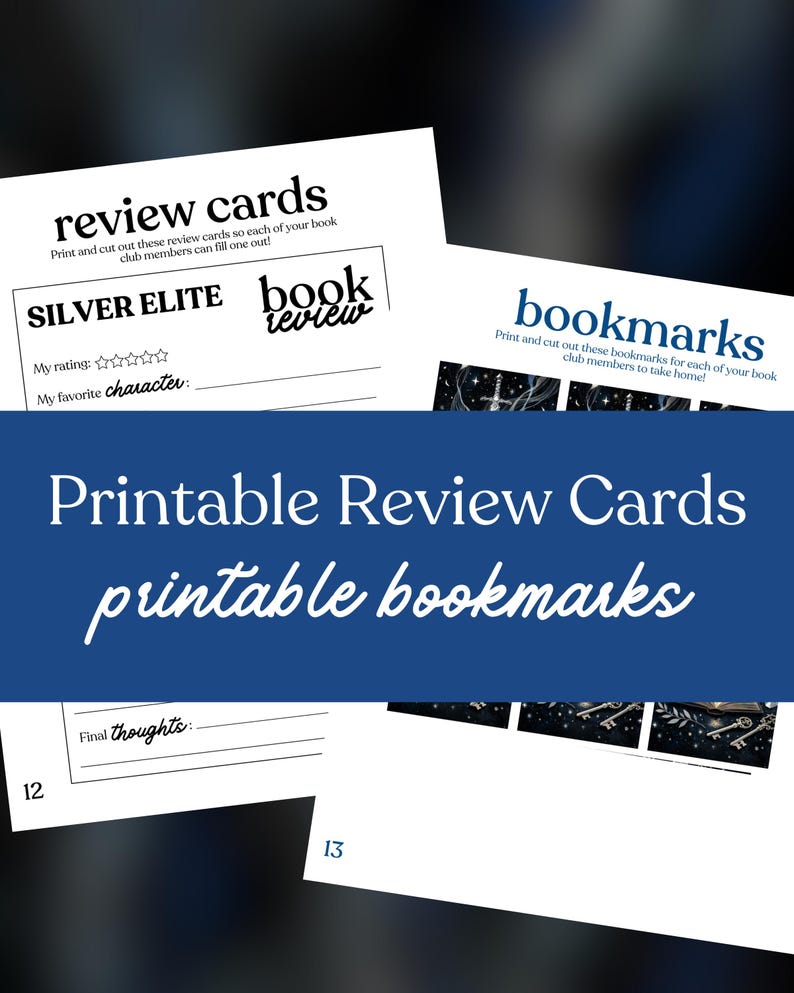 May include: White printable review cards and bookmarks with text. The review cards have sections for rating and favorite character. The bookmarks have a starry design. The text says "Printable Review Cards printable bookmarks."