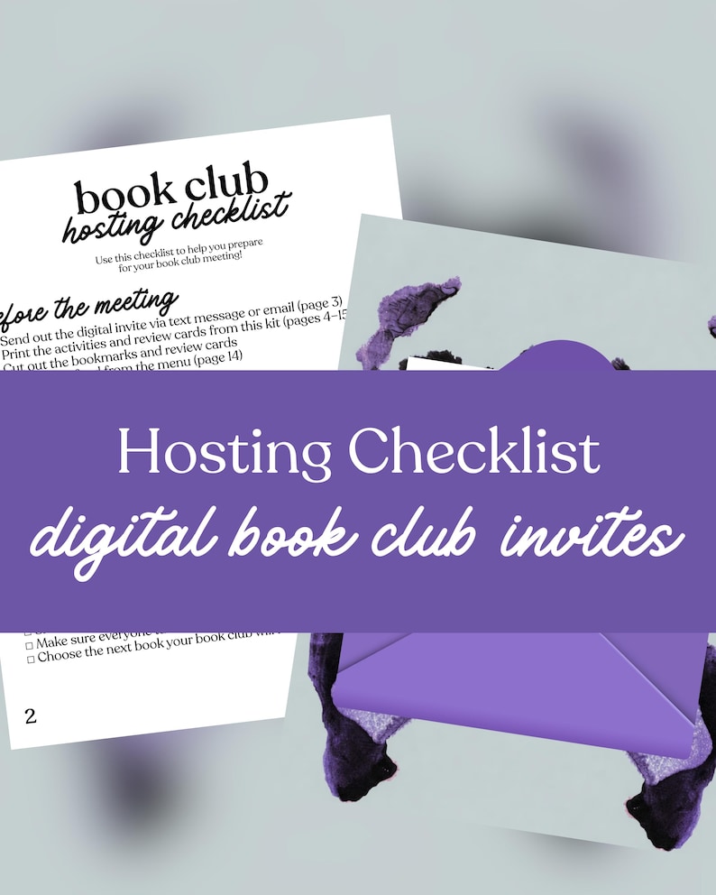 May include: A digital book club hosting checklist with the text "book club hosting checklist" in black. The checklist includes instructions for preparing for a book club meeting. A purple banner reads "Hosting Checklist digital book club invites."
