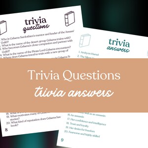 May include: Trivia cards with the phrases "Trivia Questions" and "trivia answers" in a decorative font. The cards contain questions and answers about a book series. The background is a gradient of teal and brown.