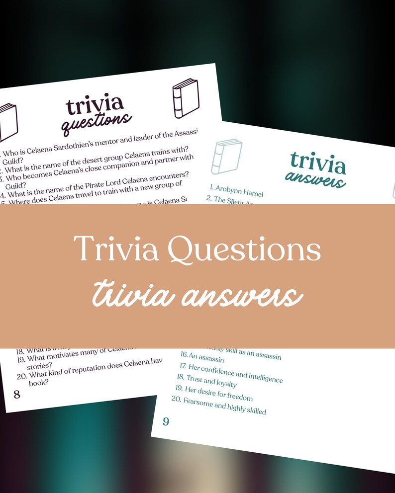 May include: Trivia cards with the phrases "Trivia Questions" and "trivia answers" in a decorative font. The cards contain questions and answers about a book series. The background is a gradient of teal and brown.