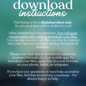 May include: A teal and purple graphic with white text that reads "download instructions." The text explains that the listing is for a digital product and how to download files after purchase. It also includes a thank you message.