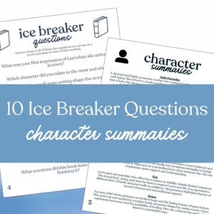 Puede incluir: Un conjunto de tarjetas blancas con texto, incluyendo "ice breaker questions" y "character summaries". Las tarjetas presentan preguntas y descripciones de personajes. La frase "10 Ice Breaker Questions" se muestra en azul.