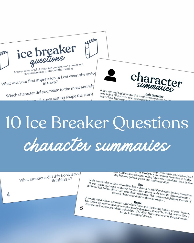 Puede incluir: Un conjunto de tarjetas blancas con texto, incluyendo "ice breaker questions" y "character summaries". Las tarjetas presentan preguntas y descripciones de personajes. La frase "10 Ice Breaker Questions" se muestra en azul.