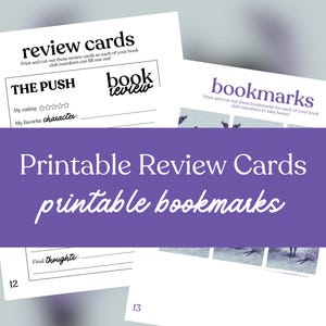 May include: White printable review cards and bookmarks. The review card includes prompts for rating and favorite character. The bookmark has a scenic image. The text on the image says "Printable Review Cards printable bookmarks".
