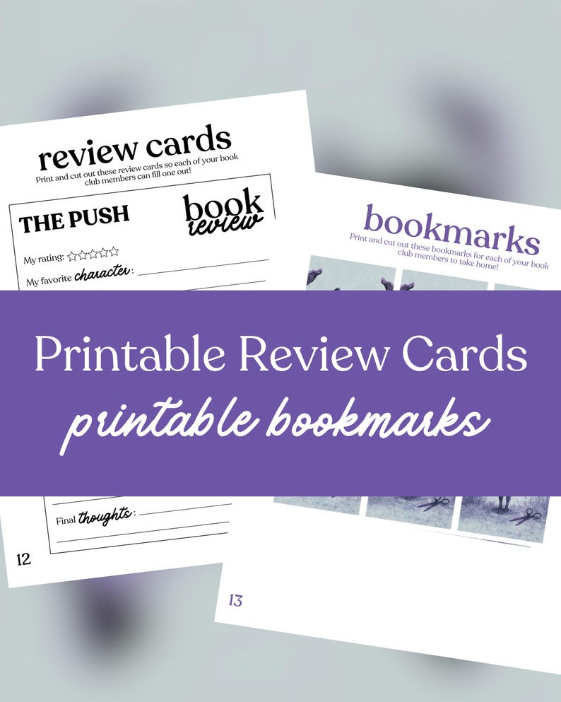 May include: White printable review cards and bookmarks. The review card includes prompts for rating and favorite character. The bookmark has a scenic image. The text on the image says "Printable Review Cards printable bookmarks".