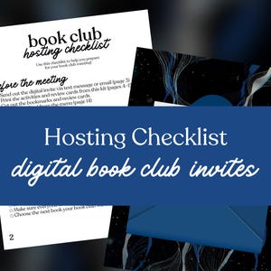 May include: A white checklist titled "book club hosting checklist" with instructions for preparing a book club meeting. The image also includes a blue envelope and the text "Hosting Checklist digital book club invites."