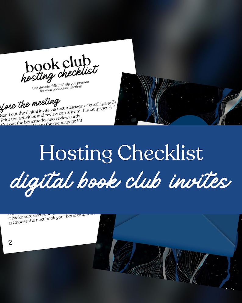 May include: A white checklist titled "book club hosting checklist" with instructions for preparing a book club meeting. The image also includes a blue envelope and the text "Hosting Checklist digital book club invites."