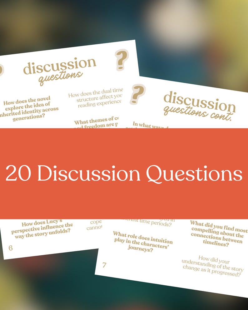 Puede incluir: Tarjetas con preguntas de discusi&oacute;n para un club de lectura o estudio literario. Las tarjetas plantean preguntas sobre temas, personajes y la estructura de la historia. El t&iacute;tulo "20 Preguntas de discusi&oacute;n" se muestra en texto blanco sobre un fondo naranja.