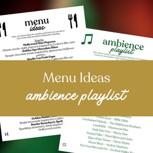 May include: A menu and playlist for a book club. The menu suggests snacks like popcorn and chocolate bites. The playlist includes songs by Billie Eilish, Fleetwood Mac, and Harry Styles. The text "Menu Ideas" and "ambience playlist" are displayed.