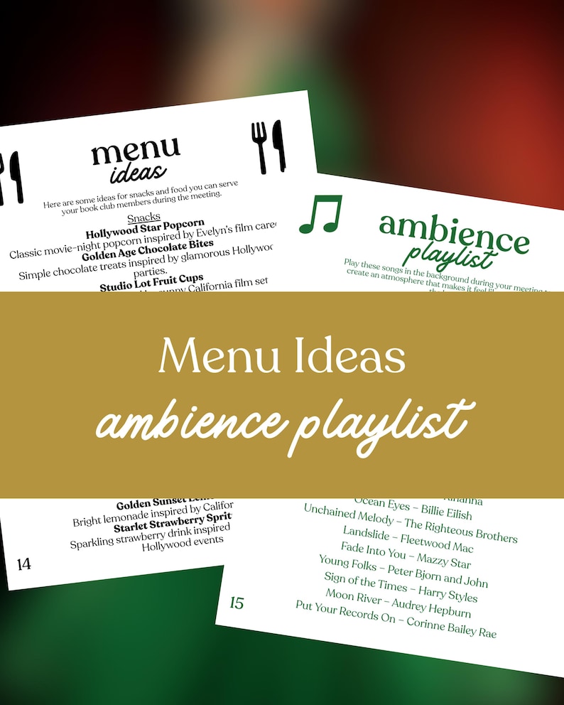 May include: A menu and playlist for a book club. The menu suggests snacks like popcorn and chocolate bites. The playlist includes songs by Billie Eilish, Fleetwood Mac, and Harry Styles. The text "Menu Ideas" and "ambience playlist" are displayed.